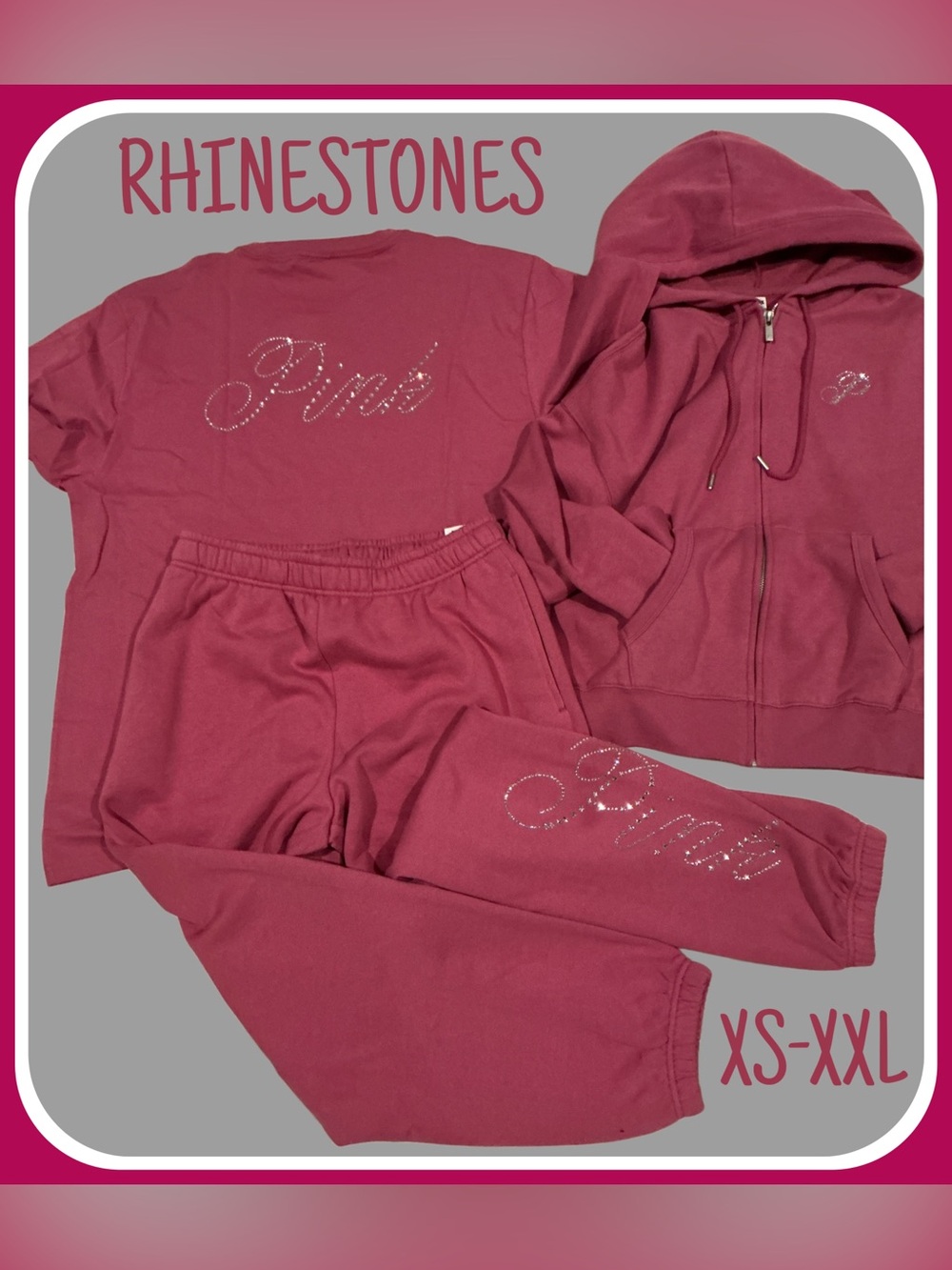 NEW VICTORIAS SECRET PINK BLING CAMPUS TEE SHIRT & JOGGERS 2PC SET XS~XXL